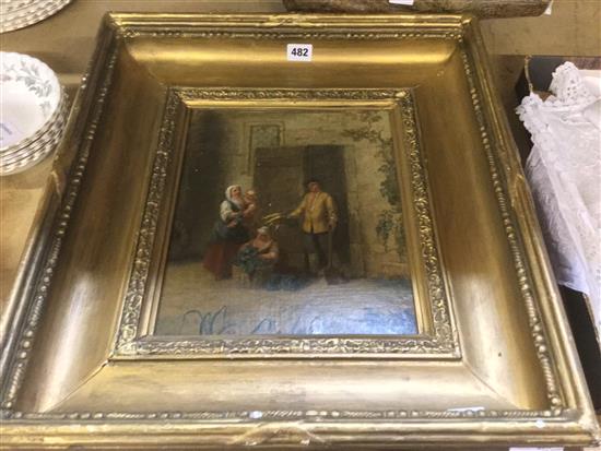 19C Continental School, oil on canvas laid on board, figures outside a house
